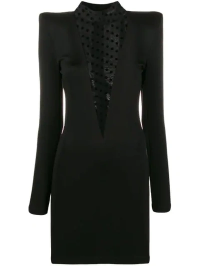 Shop Balmain Exaggerated Shoulder Polka Dot Detail Dress In Black