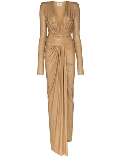 Shop Alexandre Vauthier Square-shoulder Maxi Gown In Neutrals