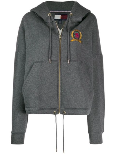 Shop Tommy Hilfiger Embroidered Logo Hoodie In Grey