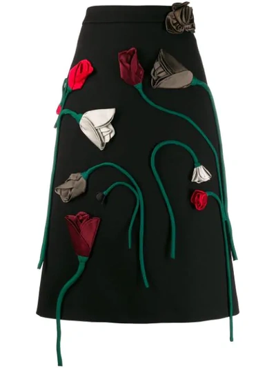 Shop Prada Rose Appliqué Skirt In Black