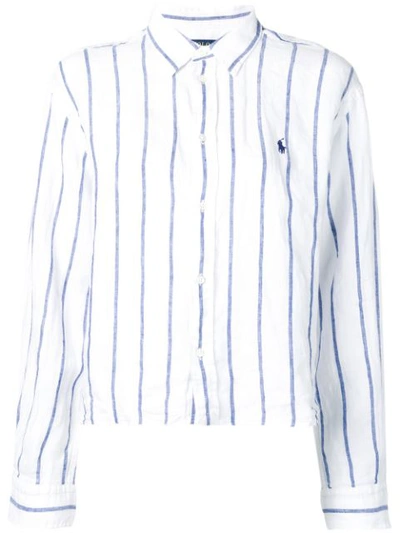 Shop Polo Ralph Lauren Embroidered Logo Striped Linen Shirt In White