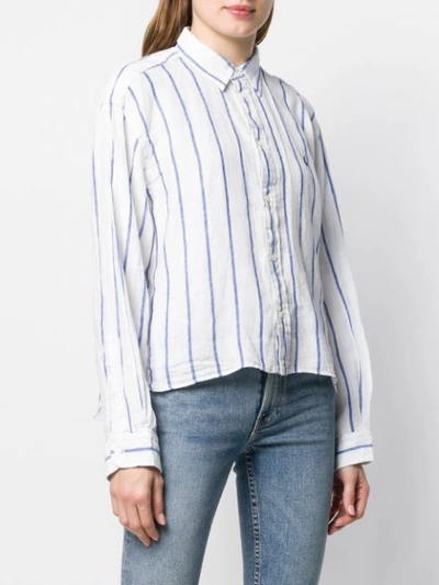 Shop Polo Ralph Lauren Embroidered Logo Striped Linen Shirt In White