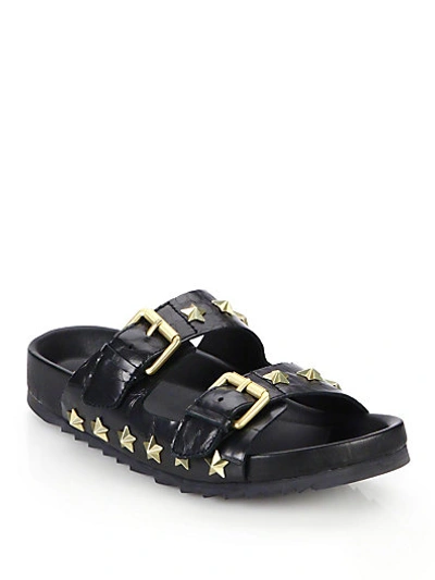 Shop Ash United Star-studded Leather Slide Sandals In Black