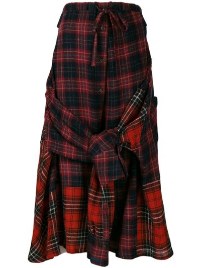 Shop Yohji Yamamoto Contrast Tartan Print Skirt - Red