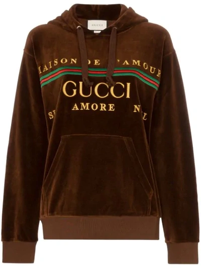 Shop Gucci Embroidered Logo Hoodie In Brown