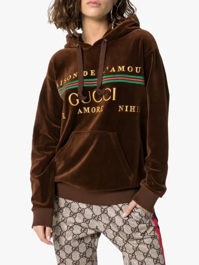 Shop Gucci Embroidered Logo Hoodie In Brown