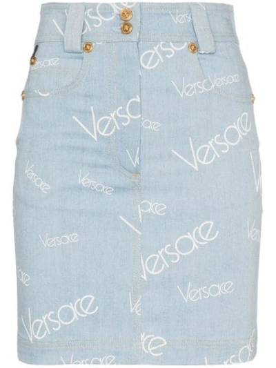 Shop Versace Vintage Logo Denim Skirt In Blue