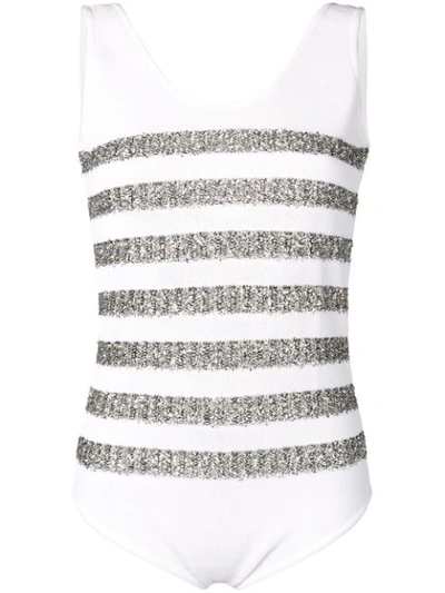 Shop Balmain Metallic Stripe Knitted Bodysuit In White