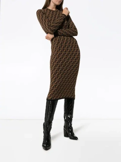 Shop Fendi Ff Motif Knitted Dress In Brown