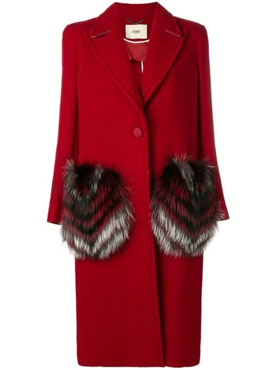 Shop Fendi Fur Pocket Single Breasted Coat In Red