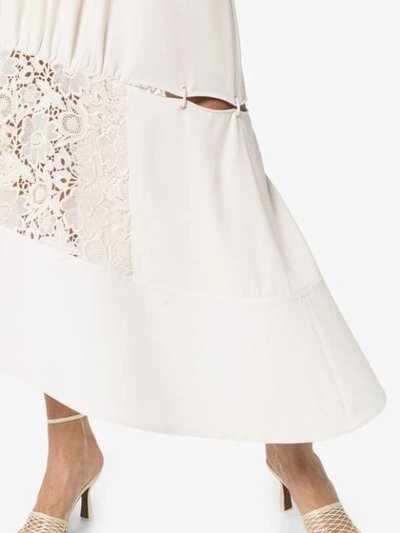 Shop Tibi Asymmetric Lace Insert Midi Dress In Neutrals