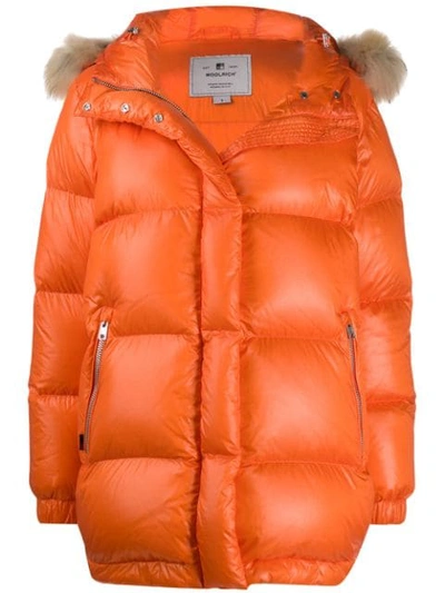 Shop Woolrich Raccoon Fur Hooded Puffer Jacket In Arancione