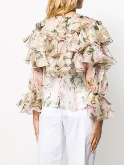 Shop Dolce & Gabbana Ruffle Lily Print Blouse In Neutrals