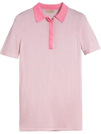 Shop Burberry Contrast Collar Silk Cashmere Polo Shirt In Pink