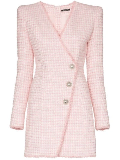 Shop Balmain Asymmetric-button Tweed Blazer Dress In Pink