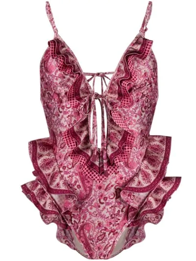 Shop Zimmermann Ruffled Paisley Print Swimsuit In Spliced