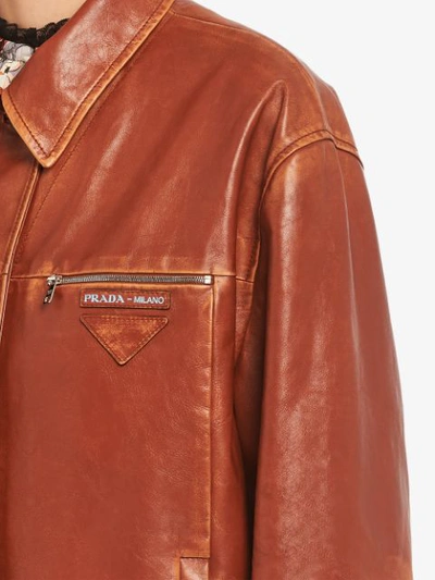 Shop Prada Leather Jacket - Brown