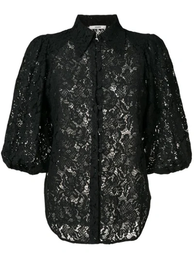 Shop Ganni Floral Embroidered Lace Blouse In Black
