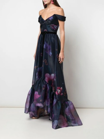 Shop Marchesa Notte Off-shoulder Floral Print Organza Gown In Blue