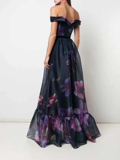 Shop Marchesa Notte Off-shoulder Floral Print Organza Gown In Blue