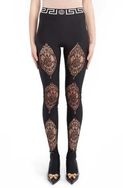 Shop Versace Lace Detail Footed Leggings In Black