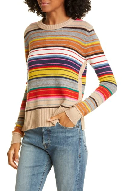 Shop Autumn Cashmere Stripe Side Button Cashmere Sweater In Brown Combo
