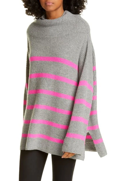 Shop Autumn Cashmere Breton Stripe Funnel Neck Cashmere Sweater In Cement/ Atomic Pink