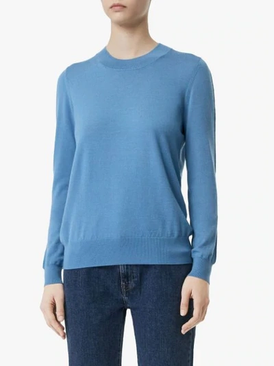 Shop Burberry Logo Detail Merino Wool Sweater In Blue