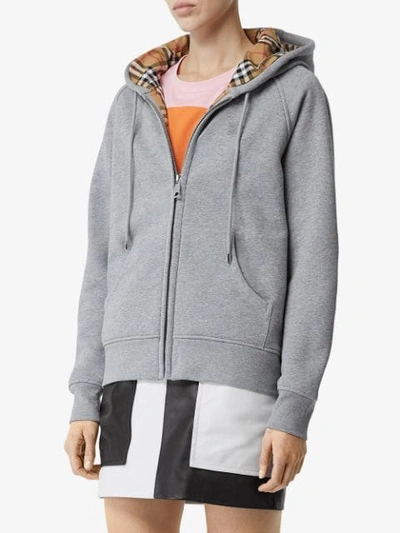 Shop Burberry Vintage Check Detail Jersey Hooded Top In Grey