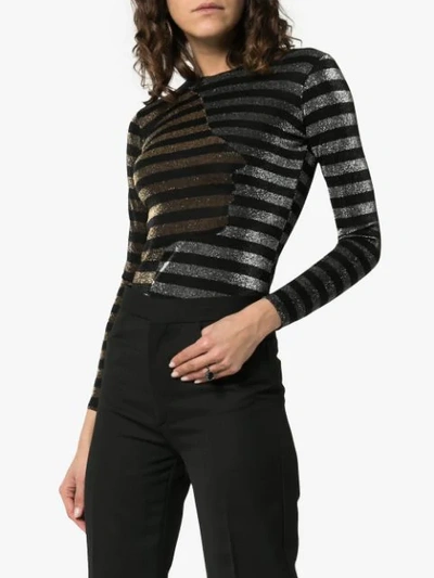 Shop Alexia Hentsch Glitter Stripe Long Sleeve Bodysuit In Black