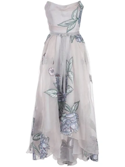 Shop Marchesa Notte Draped Corset Embroidered Silk Organza Gown In Silver