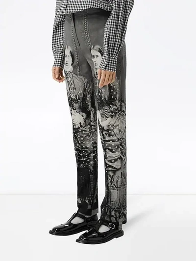 Shop Burberry Victorian Portrait Print Stretch Wool Tailored Trousers In Grey