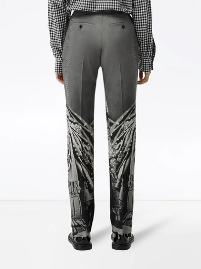 Shop Burberry Victorian Portrait Print Stretch Wool Tailored Trousers In Grey