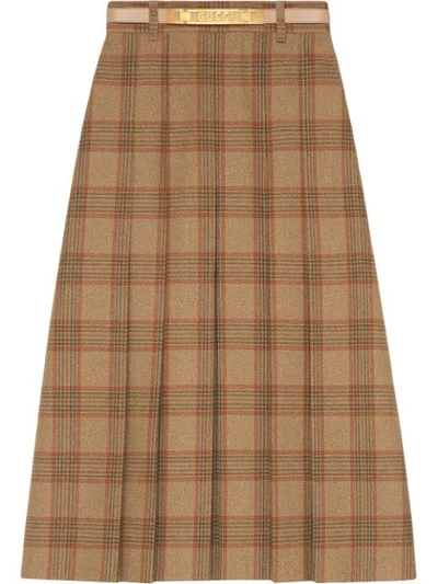 Shop Gucci Logo Belt Check Wool Skirt - Brown