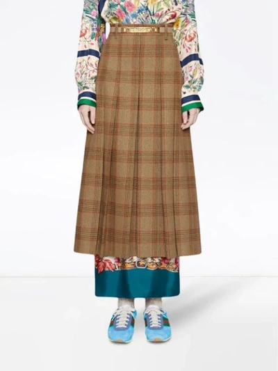 Shop Gucci Logo Belt Check Wool Skirt - Brown