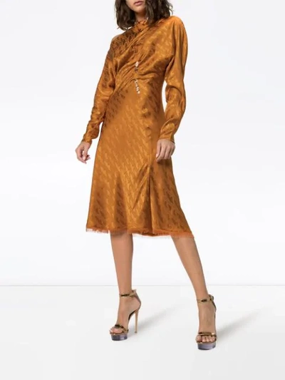 Shop Versace Off-shoulder Jacquard Midi Dress In Orange