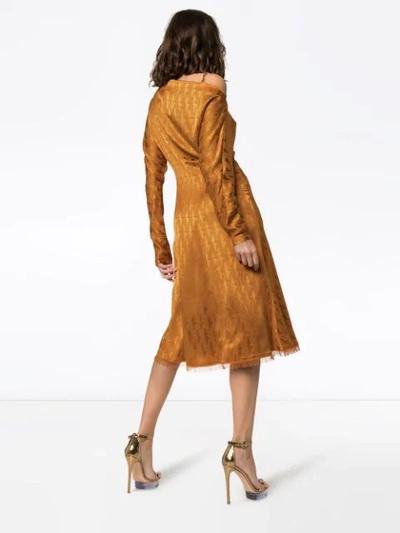 Shop Versace Off-shoulder Jacquard Midi Dress In Orange
