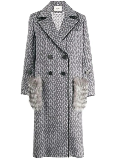 Shop Fendi Fur Pockets Double Breasted Coat In Grey