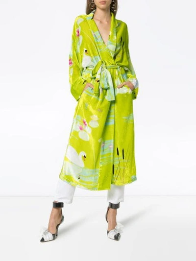 Shop Bernadette Swan Print Belted Kimono In Green