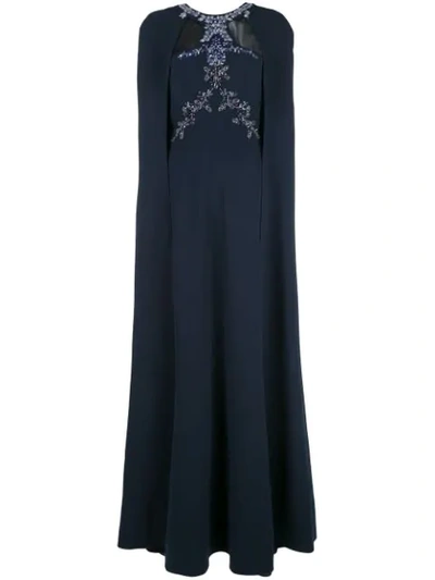Shop Marchesa Notte Bead Embroidered Crepe Cape Gown In Blue