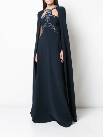 Shop Marchesa Notte Bead Embroidered Crepe Cape Gown In Blue