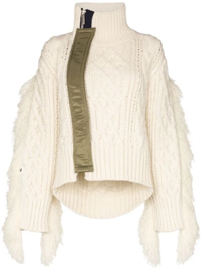 Shop Sacai Fringed Cable-knit Sweater In White