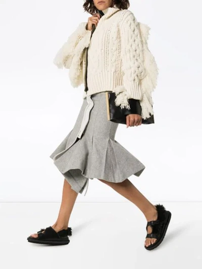 Shop Sacai Fringed Cable-knit Sweater In White