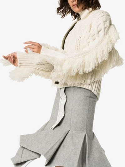 Shop Sacai Fringed Cable-knit Sweater In White