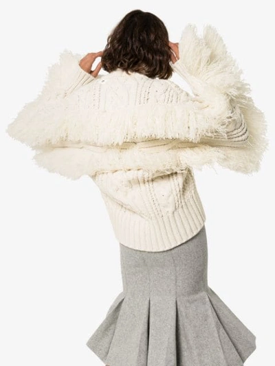 Shop Sacai Fringed Cable-knit Sweater In White