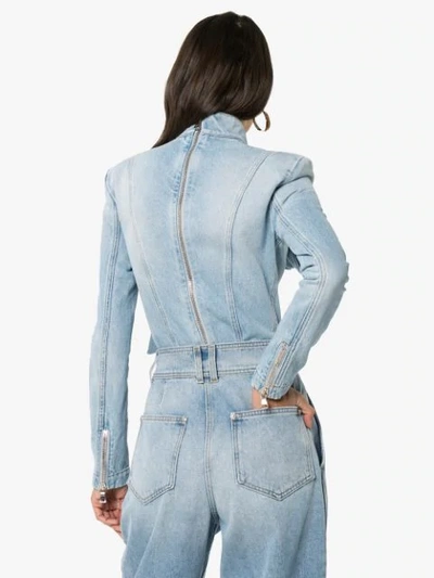 Shop Balmain Pussybow Denim Bodysuit In Blue