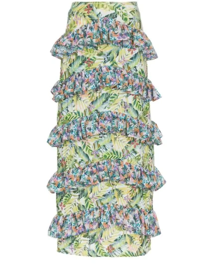 Shop All Things Mochi Sara Floral Print Tiered Ruffle Maxi Skirt - Green