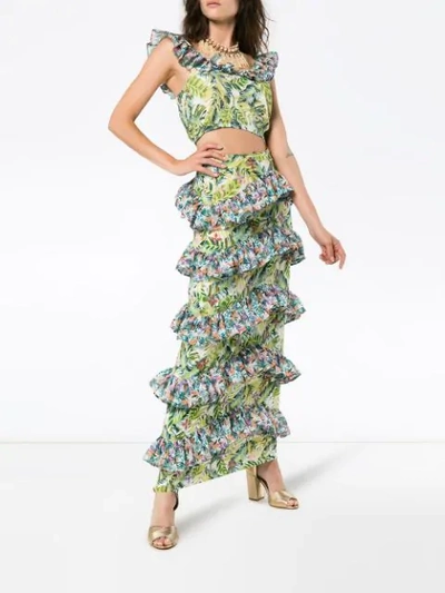 Shop All Things Mochi Sara Floral Print Tiered Ruffle Maxi Skirt - Green