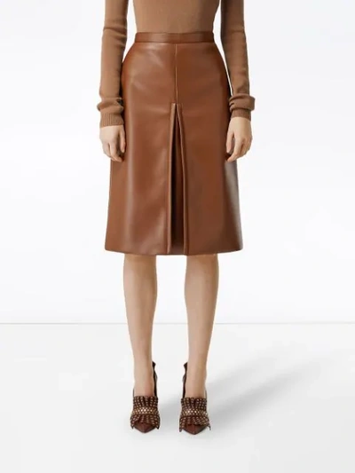 Shop Burberry Box Pleat Detail Faux Leather Skirt In Brown