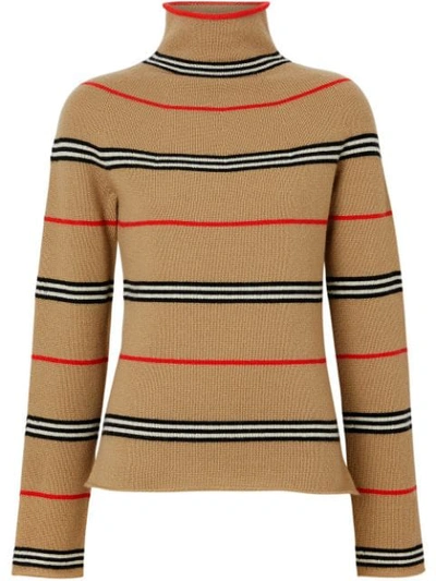 Shop Burberry Icon Stripe Cashmere Turtleneck Sweater In Brown